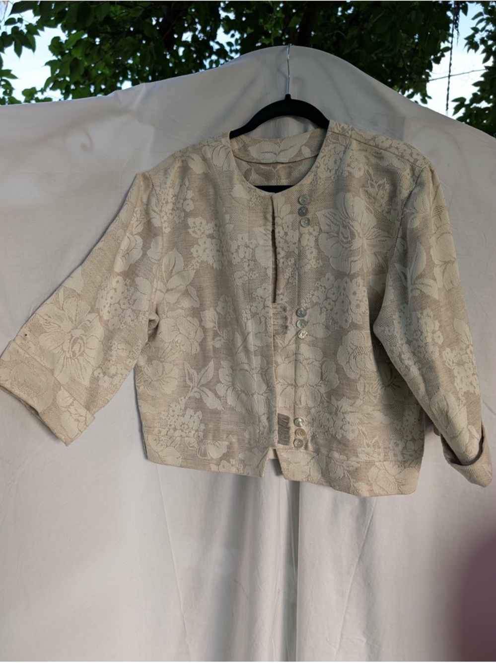 Doncaster Cream Floral Jacquard Boxy Jacket Linen Cotton Blend Women’s Blazer